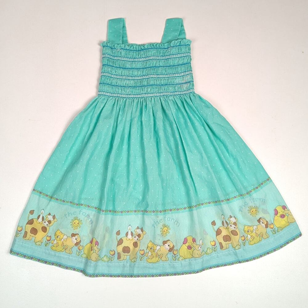 Vtg Handmade Dress Girls Sz 8-9 Teal Green Farm Animals 70s